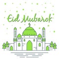 Beautiful eid mubarok with green mosque illustration, template islamic greeting card 