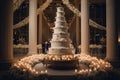 A beautiful, elaborate wedding cake displayed proudly on a table, adding a touch of elegance and joy to any celebration, An Royalty Free Stock Photo