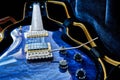 Blue electric guitar with tremolo