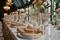 beautiful elegant decor of flowers and elegant serving on the wedding table. Royalty Free Stock Photo