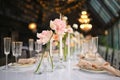 beautiful elegant decor of flowers and elegant serving on the wedding table. Royalty Free Stock Photo