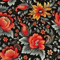 Beautiful elegant flower seamless pattern in khokhloma style, created with generative AI