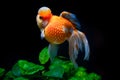 Beautiful and elegant goldfish floats in aquarium with green plants and stones, closeup, named `Calico Crown Pearlscale goldfish` Royalty Free Stock Photo