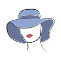 Beautiful elegant lady in the blue wide-brimmed hat. Vector fashion sketch in hand drawing style for your design.