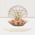Beautiful elegant premium wedding invitation in white and gold colors, with wedding golden rings in a sea shell and