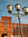 Old brick stone red decorated fasade of textile manufacture in Lodz, Poland Royalty Free Stock Photo