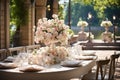 Beautiful elegant romantic wedding dinner decor in pink and white tones. Table with plates and flower arrangements with roses