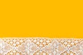 Beautiful elegant sewing crafts hobbies fashion clothing background with white cotton lace border on bright yellow backdrop