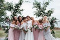 Beautiful elegant slim smiling bridesmaids in delicate pink beige summer dress on the wedding ceremony. Royalty Free Stock Photo