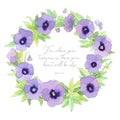 Beautiful elegant watercolor purple garden pansy wreath frame with inspiring Bible quote