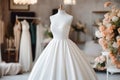 Beautiful elegant wedding dress on mannequin in bridal shop boutique salon. Interior of luxury wedding shop with bridal Royalty Free Stock Photo