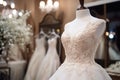 Beautiful elegant wedding dress on mannequin in bridal shop boutique salon. Interior of luxury wedding shop with bridal Royalty Free Stock Photo