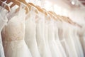 Beautiful elegant white luxury bridal dress on hangers. Generative AI