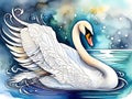 A beautiful and elegant white swan in a lake, watercolor style with ink elements, wallart, painting, animal creatures, portrait Royalty Free Stock Photo