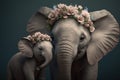 Beautiful elephant mother and baby elephant animals with flower crown. Mother\'s Day colorful portrait greeting poster
