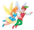 Beautiful Elf princess and prince. Children illustration for sticker print. Fairy tale about Thumbelina. Colorful wings Royalty Free Stock Photo