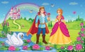 Beautiful elf Princess, Prince, Swan. King and Queen. Fairytale background. Flower meadow, castle, rainbow, lake. Wonderland.