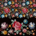 Beautiful embroidery design with colorful flowers on black background. Creative print for fabric