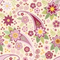 Beautiful embroidery seamless pattern with floral and paisley ornament. Vector fancywork print with flowers