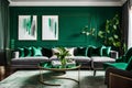 Beautiful Emerald Green and Grey living room interior - AI Generated