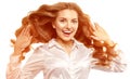 Beautiful emotional girl with long healthy shiny hair. Model blonde with flying hair Royalty Free Stock Photo