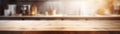 Beautiful empty brown wooden table top with the background blurred defocused of a modern kitchen interior with daylight flare and Royalty Free Stock Photo