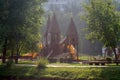 Empty children`s playground in the form of a castle on a summer morning in the park Royalty Free Stock Photo