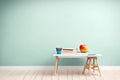a beautiful empty classroom with modern setup.featuring desk, chair, whiteboard, and cyan walls Royalty Free Stock Photo