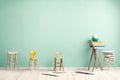 a beautiful empty classroom with modern setup.featuring desk, chair, whiteboard, and cyan walls Royalty Free Stock Photo
