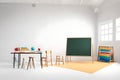 a beautiful empty classroom with modern setup.featuring desk, chair, whiteboard, and cyan walls Royalty Free Stock Photo