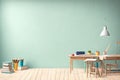 a beautiful empty classroom with modern setup.featuring desk, chair, whiteboard, and cyan walls Royalty Free Stock Photo