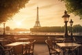 Beautiful empty Paris cafe in sunset, EIffel Tower on background. Generative AI Royalty Free Stock Photo