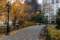 Beautiful Empty Path at Washington Square Park during Autumn in Greenwich Village of New York City with Colorful Trees Royalty Free Stock Photo