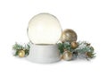 Beautiful empty snow globe, Christmas balls and fir branches on white background Royalty Free Stock Photo