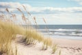 Beautiful empty white sand dunes at the sea beach. Sea landscape with sandy dunes and beach grass. Generative AI Royalty Free Stock Photo