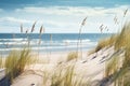 Beautiful Empty White Sand Dunes At The Sea Beach. Sea Landscape With Sandy Dunes And Beach Grass. Generative AI
