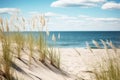 Sea Landscape With Sandy Dunes And Beach Grass. Beautiful Empty White Sand Dunes At The Sea Beach. Generative AI