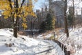 Beautiful Empty Winter Trail at Central Park Covered with Snow in New York City with Colorful Trees on a Sunny Day Royalty Free Stock Photo