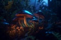 Beautiful enchanted fairytale forest at twilight with big trees and bioluminescence lights. Generative ai