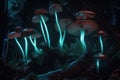 Beautiful enchanted fairytale forest at twilight with big trees and bioluminescence lights. Generative ai