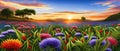 Beautiful enchanted landscape. Magic meadow with spring blooming trees. Illustration vector Royalty Free Stock Photo