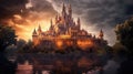 Beautiful enchanted magical castle in a fairy tale. Palace landscape on dreamy lake. Princess royalty.