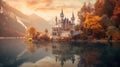 Beautiful enchanted magical castle in a fairy tale. Palace landscape on dreamy lake. Princess royalty.