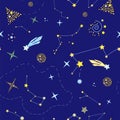 Beautiful endless cosmic pattern with constellations, planets, comets on the blue background. Vector illustration