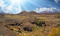 Beautiful endless empty volcanic landscape,  waste lava sand field, yellow flower plants, volcano crater cone, blue sky clouds sun Royalty Free Stock Photo