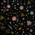 Beautiful endless texture of flowers, constellations, stars, crystals, hearts isolated on black. Vector illustration Royalty Free Stock Photo