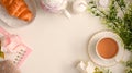 Beautiful English afternoon tea set and copy space on white background Royalty Free Stock Photo