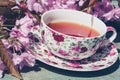 Beautiful, English, vintage teacup with Japanese cherry tree blossoms,