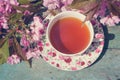 A cup of tea in a lovely English cup and Japanese cherry tree flowers