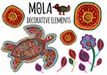 Beautiful ethnic vector elements in Mola style. Patchwork exotic animals collectiion. Indian atmosphere, tribal design.